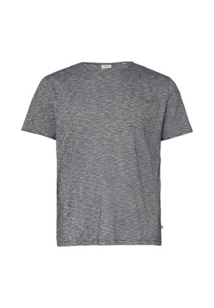 Grau meliertes T-Shirt mit kurzen Ärmeln, Rundhalsausschnitt und kleinem Brusttaschen auf der linken Seite, dargestellt auf weißem Hintergrund.