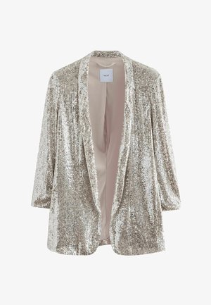 Sequined gold-colored jacket with loose fit, open front, and three-quarter sleeves. Smooth inner lining. Shimmery texture throughout.