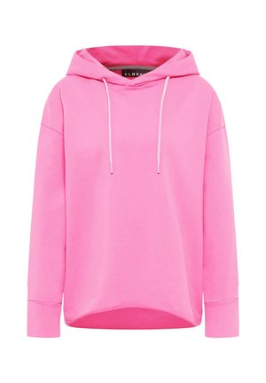 Bright pink long-sleeve hoodie with front drawstrings and a slightly curved hem, displayed on a white background.