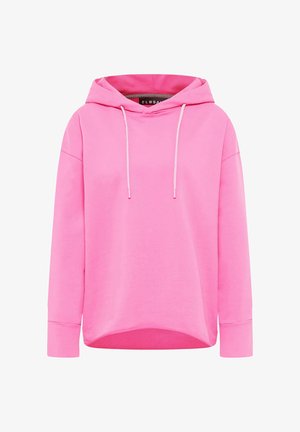 Hellpinkes Longsleeve-Hoodie mit vorderen Kordeln und einem leicht geschwungenen Saum, dargestellt auf weißem Hintergrund.