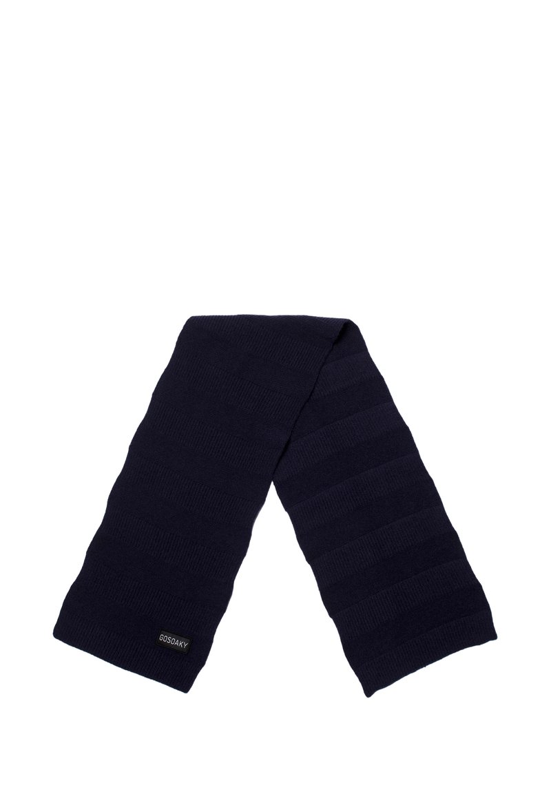 Navyblauwe gebreide sjaal met textuur ribs en een logo patch, gemaakt van zachte stof voor warmte en comfort.