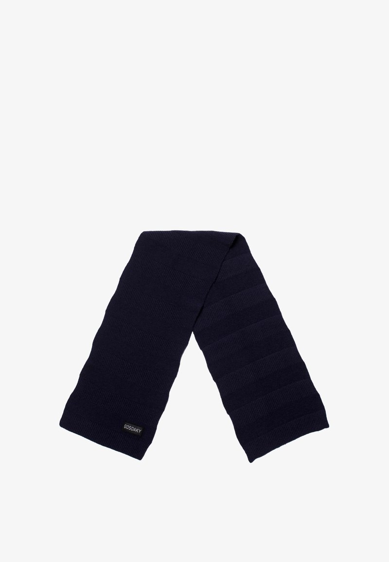 Sciarpa lavorata a maglia blu navy con costine testurizzate e un'etichetta con logo, realizzata in tessuto morbido per calore e comfort.