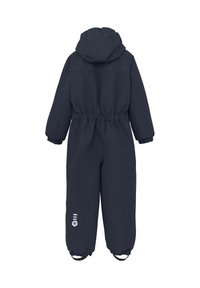 Marineblå helfodrad snickerdress med passformad huva, elastisk midja och muddar. Har reflekterande logotyp och strukturerad tyg för isolering.