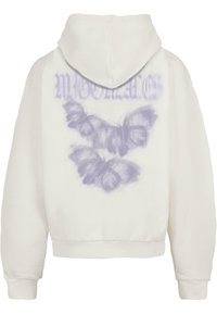 Hvid cropped hoodie med lilla sommerfugleprint på ryggen, med snoretræk i hætten og ribbede manschetter. Blødt bomuldsstof.