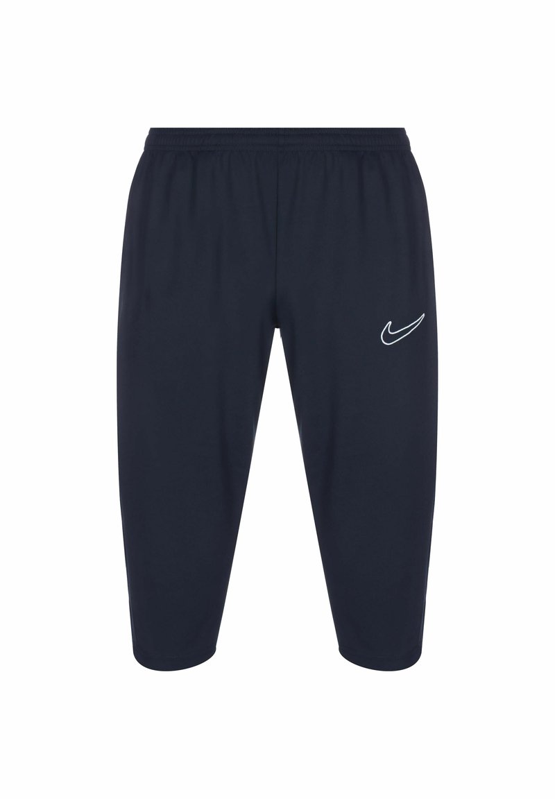 Shorts da atletica blu navy con vita elastica, caratterizzati da un logo Nike bianco sulla coscia sinistra. Tessuto liscio e design a lunghezza ginocchio.