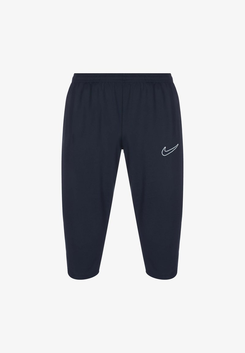 Marineblaue Sportshorts mit einem elastischen Bund, versehen mit einem weißen Nike-Logo auf dem linken Oberschenkel. Glattes Material und knielange Gestaltung.