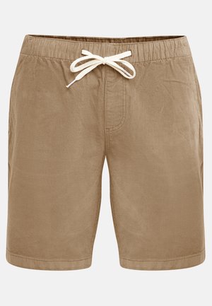 Pantaloncini marroni di velluto a coste con cintura elastica e coulisse bianca davanti, lunghezza al ginocchio e stile casual.