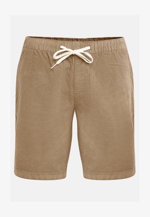 Rjave kordurove kratke hlače z elastičnim pasom in belim vrvico spredaj, dolžine do kolen, priložnostnega sloga.