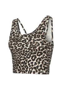 Leopardenmuster-Crop-Top aus dehnbarem Stoff, mit breiten Trägern und einem runden Ausschnitt in einer Schwarz-Beige-Farbpalette.