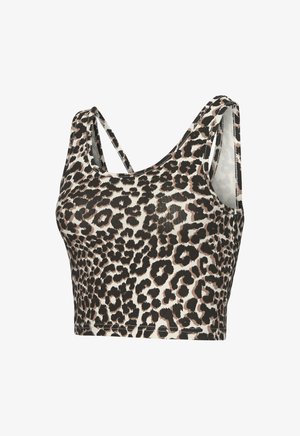 Leopard print crop top, made of stretch fabric, features wide straps and a rounded neckline with a black and beige color palette.