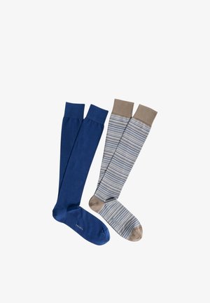 Coppia di calzini al ginocchio, uno blu tinta unita e l'altro a righe in blu, bianco e beige con tallone e risvolto beige.