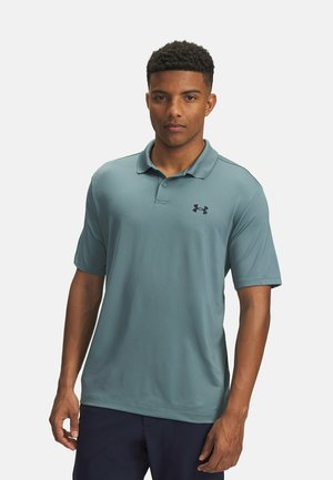 Men's polo shirt in a muted teal color, made of soft fabric, featuring a three-button placket and a small dark logo on the chest.