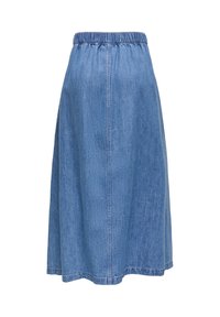 Jupe en denim bleu mi-longue avec taille élastique, couture verticale subtile au centre et silhouette légèrement évasée.