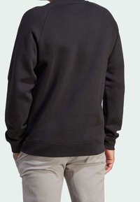 Osoba oblečená v černé mikině s dlouhým rukávem a světlých šedých kalhotách, s rukama založenýma v kapsách, zachycena zezadu.