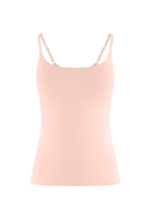 Camisole rose clair sans manches avec fines bretelles réglables et encolure carrée sur fond blanc.