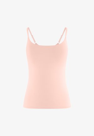 Camisole rosa chiaro senza maniche con sottili spalline regolabili e scollo quadrato su sfondo bianco.