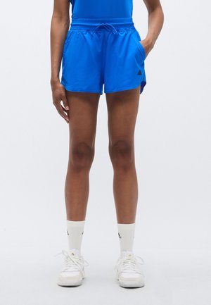 Shorts de sport bleu clair avec une taille élastique, un cordon de serrage et des poches latérales. Confectionnés dans un tissu lisse, avec un petit logo sur le côté.