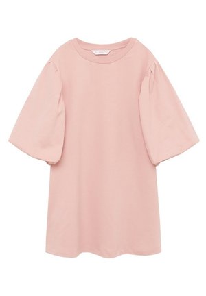 T-shirt en coton rose avec manches courtes bouffantes, encolure ronde et coupe décontractée, présentant une texture lisse et sans motifs distincts.