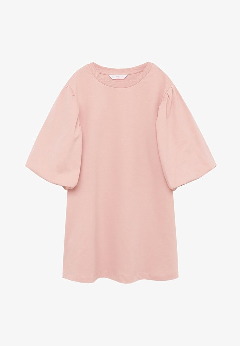 T-shirt en coton rose avec manches courtes bouffantes, encolure ronde et coupe décontractée, présentant une texture lisse et sans motifs distincts.