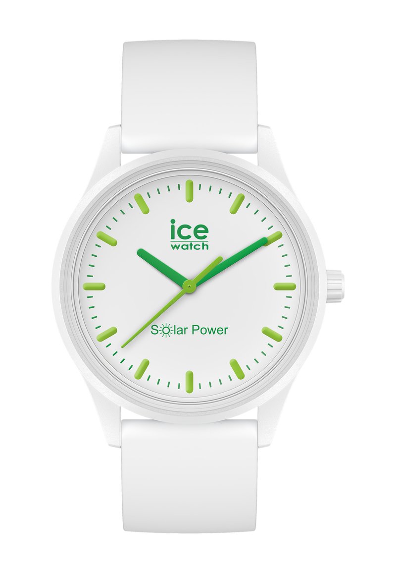 Weißer solarbetriebener Uhr mit grünen Akzenten. Verfügt über ein rundes Gehäuse, ein weißes Zifferblatt, grüne Stundenmarkierungen, Zeiger und Logo-Text. Weicher Silikonarmband.