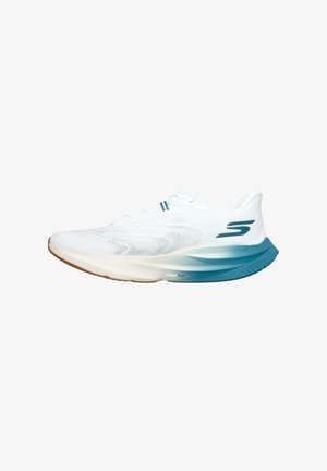 Zapatilla deportiva blanca con suela degradada azul y logo, parte superior de malla ligera y suela acolchada con soporte para el arco.