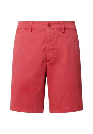 Rde kratke hlače iz bombaža z zapiranjem na gumb, ravnim sprednjim delom in klasičnim robom. Tkanina ima gladko teksturo in čiste šive.