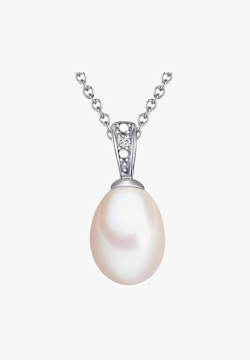 Sølv halskæde med en glitrende, oval hvid perlevedhæng med en dekorativ ophængning sættet med små klare sten.