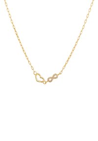 Collier en chaîne dorée avec un maillon en forme de cœur et un symbole d'infini orné de petits strass pour une touche de détail supplémentaire.
