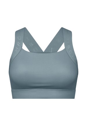 Vaaleansininen urheiluliivi ristikkäisillä selkähihnoilla. Valmistettu sileästä kankaasta, jossa logo hihnoissa. Saumaton malli ilman toppausta.