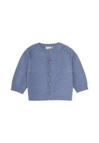Ljust blått stickat kardigan med långa ärmar, texturerat mönster på kroppen, ribbade muddar och sex träknappar för stängning.