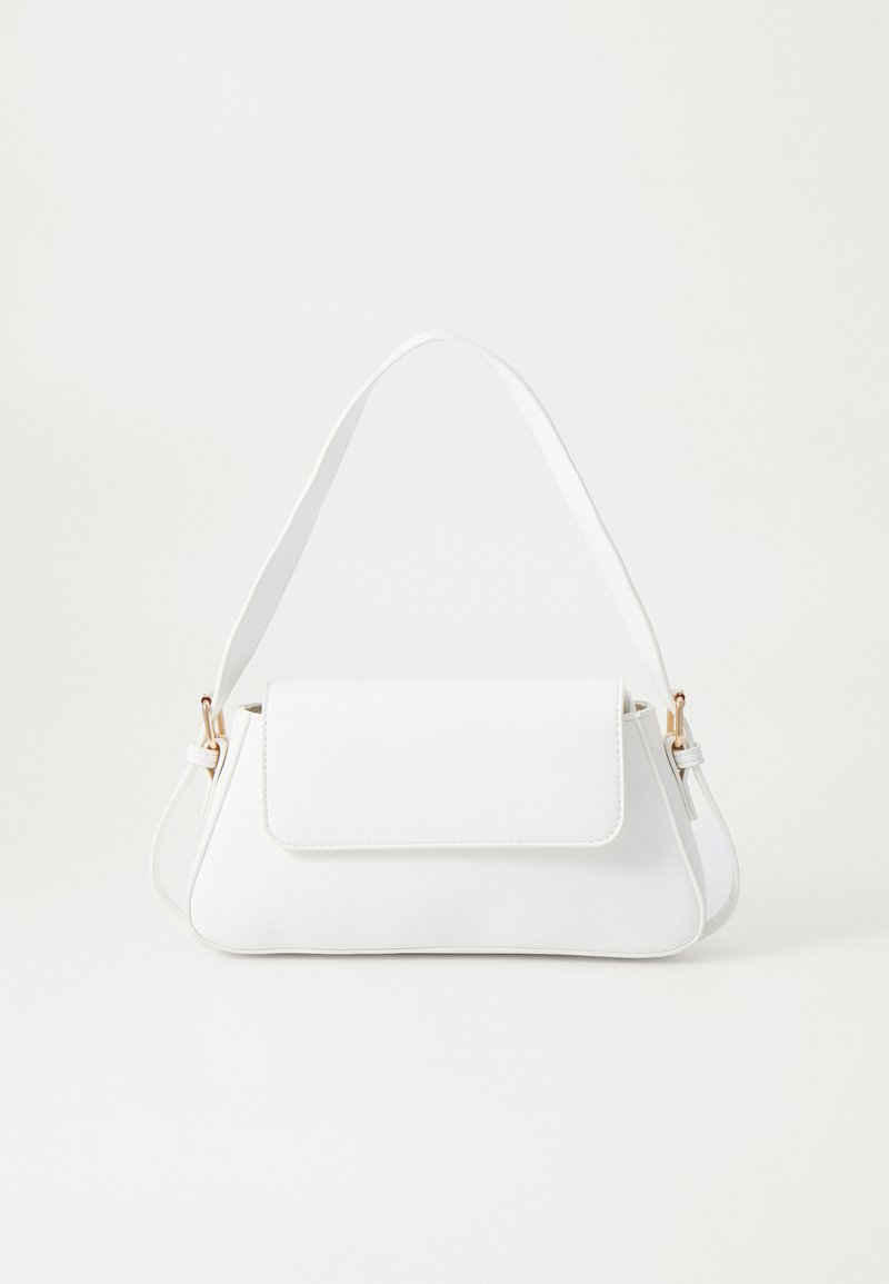 White faux leather handbag with a top flap, adjustable strap, and gold-tone hardware. Features a structured shape and smooth texture.