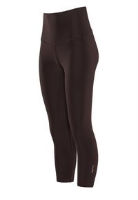Braune hochtaillierte Leggings aus dehnbarem Material; nahtloses Design mit schmaler Passform. Goldenes Logo-Akzent am unteren Bein.