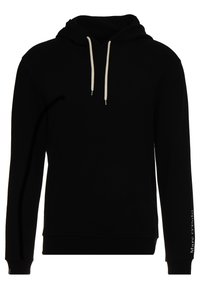 Sudadera negra con capucha y mangas largas, cordones blancos y texto "Marc O’Polo" impreso verticalmente en el puño de la manga izquierda.