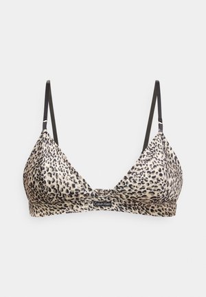 Dreieck-Bralette in Beige mit schwarzem Leopardenmuster. Verstellbare dünne Träger und ein schwarzes Calvin Klein Logo-Band am Bund.