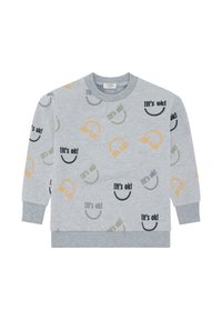 Felpa grigia per bambini, con un motivo stampato di faccine sorridenti e la scritta "Va tutto bene!" in beige, nero, verde e grigio. Polsi a coste.