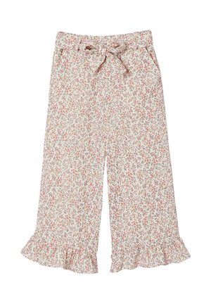 Weite Hosen mit pink-orangefarbenem Blumenmuster, gebundener Taillengürtel, Seitentaschen und gerafften Säumen auf hellem Hintergrund.