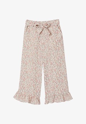 Weite Hosen mit pink-orangefarbenem Blumenmuster, gebundener Taillengürtel, Seitentaschen und gerafften Säumen auf hellem Hintergrund.