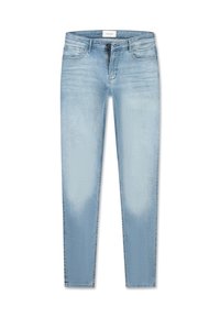 Ljust blå denimjeans med en urtvättad design, rak passform, femficksstil och dragkedja. Har lätt textur och sömdetaljer.