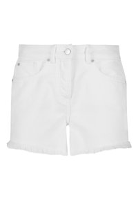 Shorts di denim bianco con orlo sfrangiato, dotati di chiusura con bottone e zip, cinque tasche e dettagli di cucitura classica.
