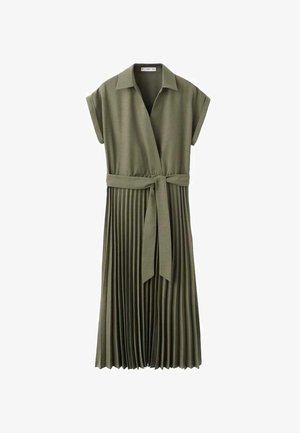 Olivgrünes, plissiertes Kleid mit kurzen Ärmeln, Kragen und einem gebundenen Taillengürtel. Hergestellt aus weichem Stoff für Komfort.