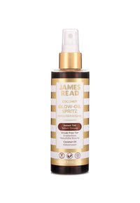 James Read Coconut Glow-Oil Spritz Sprayflasche mit sofortigem Farbton, streifenfreiem Sonnenbräune, Kokosnussöl, veganen Symbolen und 100 ml Größendetails.