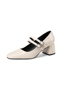 Scarpa Mary Jane in pelle lucida beige con punta affilata, due cinture sottili con fibbie rotonde e tacco quadrato.