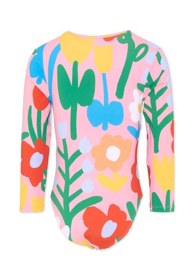 Body bébé rose à manches longues avec de grands motifs floraux colorés et papillons en vert, rouge, jaune, bleu et blanc.