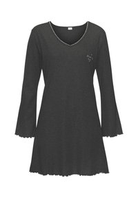 Camicia da notte grigia in morbido tessuto, con scollo a V e maniche svasate. Bordo scallop e delicati dettagli ricamati sul petto.
