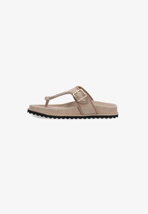 Tan suede flip-flop sandal with a toe post, gold buckle detail, and textured black rubber sole. Simple design with a smooth finish.