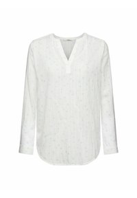 Camisa blanca de manga larga con escote en V, que presenta un patrón texturizado y pequeñas flores azules. La tela parece ligera y transpirable.