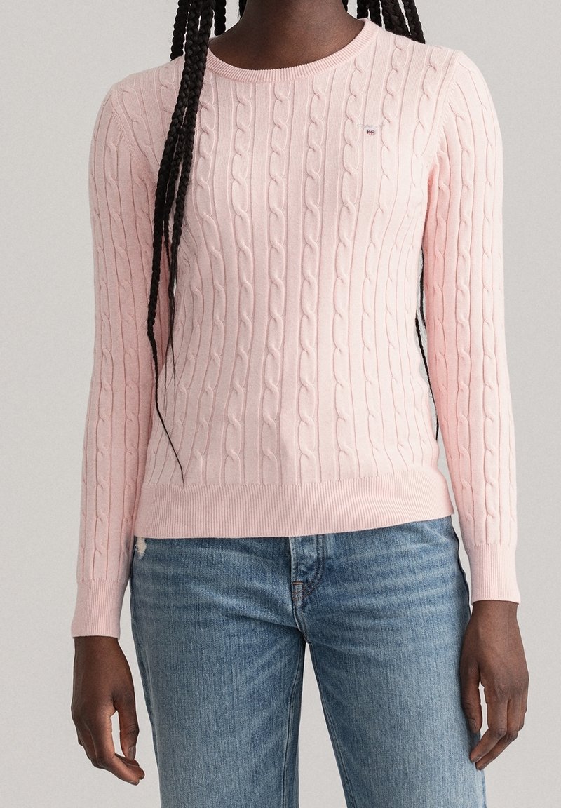 Maglione a maglia cable rosa chiaro con maniche lunghe, scollo rotondo e polsini a costine. Presenta un logo sottile sul petto e un orlo elasticizzato.