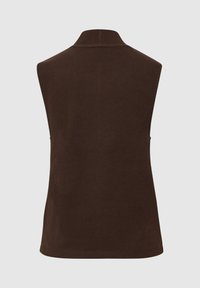 Braunes ärmelloses Oberteil mit hohem Kragen und geripptem Saum, aus einem glatten, weichen Stoff; zeichnet sich durch ein einfaches und sauberes Design aus.