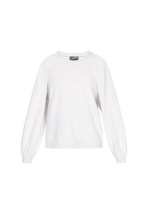 Light gray pullover sweatshirt with long sleeves, ribbed cuffs and hem, and gathered shoulder seams. Made from soft, textured fabric.