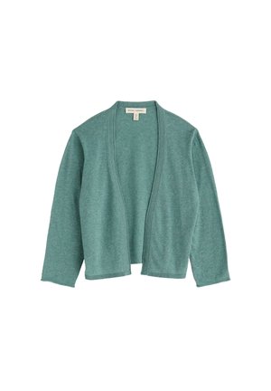 Lichtjadegroene openvallende cardigan met lange mouwen, geribbelde randen en een klein label bij de halslijn.